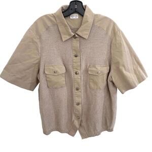 Eugen Klein Women's Beige Knit and Cotton Snap Button-Up Shirt - 18